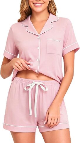 Veseacky Women Pajamas مجموعة قصيرة الأكمام زر النوم أسفل 2 قطع 2 شورتات ملابس ناعمة PJ مجموعات S-XXL in Kuwait