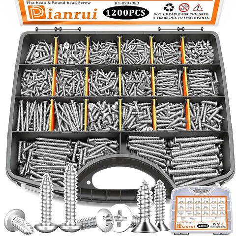 Dianrui 1200 pcs مجموعة أشكال البراغي الخشبية ، مسامير من الفولاذ المقاوم للصدأ متنوعة M3/M4/M5/M6 ، ‌phillips ورقة محرك الأذواق المعدنية النقر على الصف البحري (605pcs رأس مستدير ورأس مسطح 595pcs) in Kuwait
