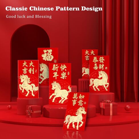 36 Pcs Chinese New Year Red Envelopes 2026 Lunar New Year Envelopes Horse Lucky Money Red Envelope Pocket Cash Hong Bao for Spring Festival Wedding Birthday, 6 Gold Foil Fu Patterns in Kuwait