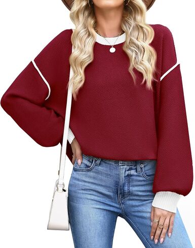 WEACZZY Women's Crew Neck Sweaters Oversized Pullover Sweatshirt Long Sleeve Side Slit Hem Color-Block Trim Fashion Tops 2026 in Saudi Arabia
