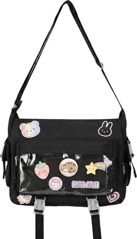 Black Kawaii Ita Messenger Bag for Women, Ita Bag Crossbody with Anime Badge Window, Japanese Cute Nylon Shoulder Bag with Water Bottle Holder in Saudi Arabia