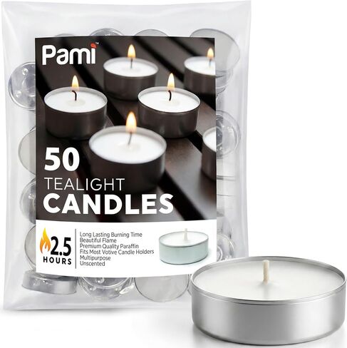 PAMI Premium 50 Pack Long-Lasting Tealight Candles - Unscented Tea Candles with 2.5 Hours Burning Time- Paraffin Tealights with Beautiful Flame- Round Candles Perfect for Votive Candle Holders in Saudi Arabia