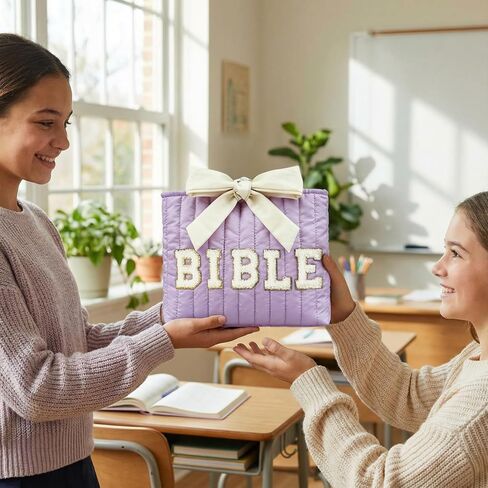SATINIOR Pink Quilted Bow Bible Sleeve for Women Chenille Letter Bible Cover Case Padded Protector Washable Pouch Christian Gift for Girls Book Lovers in Kuwait