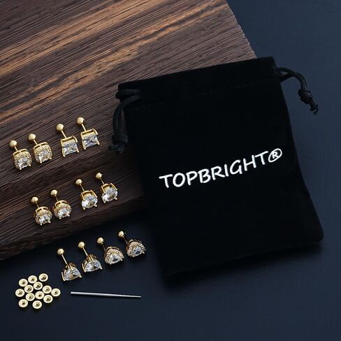 TOPBRIGHT 6 أزواج 20 جرام من الأقراط المسطحة الخلفية المضادة للحساسية - فولاذ جراحي مطلي بالذهب عيار 14 قيراط وزركونيا مكعب للنساء والرجال، خالية من النيكل للآذان الحساسة المتعددة الثقب in Kuwait
