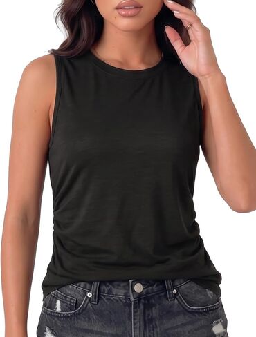 AURUZA Womens Ruched Tank Tops Crewneck Loose Fit Basic Going Out Clothes Casual Summer Sleeveless Shirts for Women in Kuwait