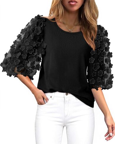 Women Blouses Summe Casual Crew Neck Cotton Tshirts 3/4 Puff Sleeve Mesh with Appliques Fall Tops Goingout in Saudi Arabia