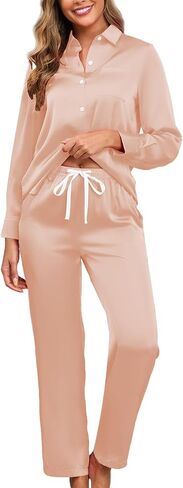 HALCYEEN Women’s Silk Satin Pajama Set Soft Short Sleeve Sleepwear Button Down Lounge 2 Piece Nightwear Pjs S-XXL in Saudi Arabia