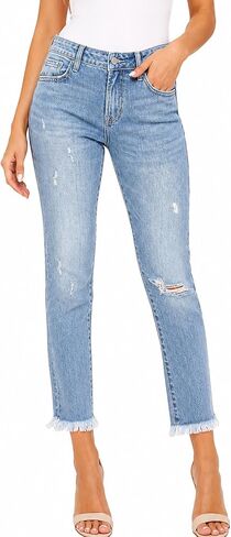 SOFIA'S CHOICE Women Cropped Jeans Straight Leg High Waisted Raw Hem Denim Pants with Pockets in Saudi Arabia