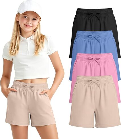 4 Pack Girls' Shorts Wide Leg Elastic Waist Athletic Shorts Kids Casual Summer Pull on SweatShorts 5-14 Years in Kuwait