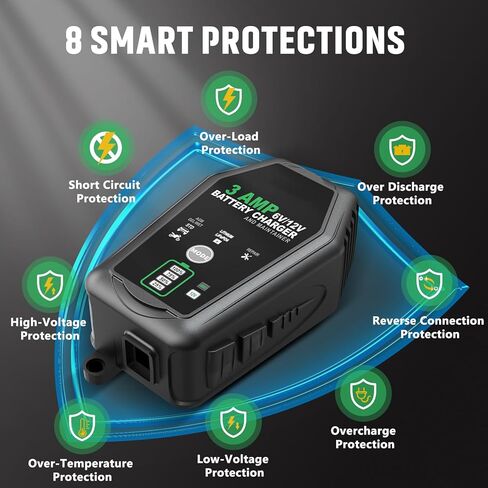 2 Packs 3 Amp Smart Battery Charger, 6V/12V Battery Charger, Trickle Charger, Fully Automatic and Maintainer for Car, Motorcycle, Lawn Mower, Lead-Acid, Lithium, LiFePo4 Battery in Saudi Arabia