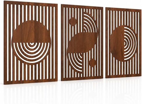 مجموعة pechpell مكونة من 3 لوحات فنية جدارية حديثة لمنتصف القرن، مقاس 15.7 × 11.8 بوصة، لوحات حائط خشبية تجريدية خشبية بنية اللون، ديكور هندسي بسيط لغرفة المعيشة وغرفة النوم وديكورات المنزل الريفي in Kuwait