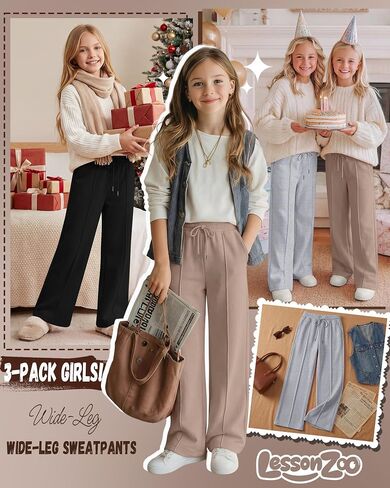 3 Pack Girls Wide Leg Sweatpants Drawstring Baggy Pants Teen Girls Athletic Joggers Pants with Pockets 5-14Y in Saudi Arabia