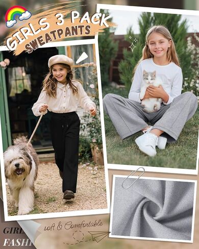 3 Pack Girls Wide Leg Sweatpants Drawstring Baggy Pants Teen Girls Athletic Joggers Pants with Pockets 5-14Y in Saudi Arabia