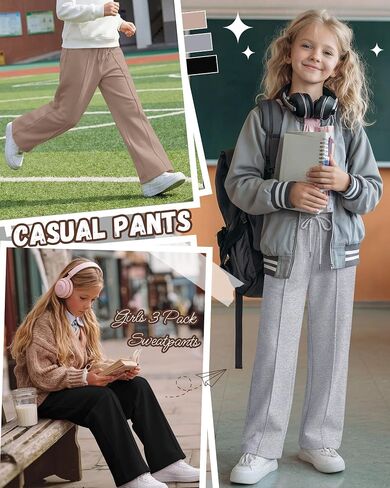 3 Pack Girls Wide Leg Sweatpants Drawstring Baggy Pants Teen Girls Athletic Joggers Pants with Pockets 5-14Y in Saudi Arabia