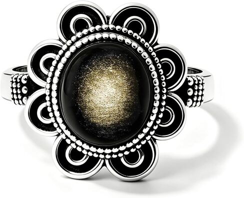 Natural Black Obsidian coreopsis flower Ring,Retro S925 Sterling Silver Statement Thumb Index Chunky Cocktail Party Bohemian Ring Jewelry for Women in Saudi Arabia