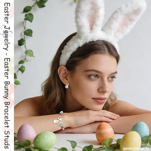 Easter Jewelry for Women Easter Bunny Stretch Bracelet with Card Rabbit Pearl Stud Earrings Cute Egg Basket Fillers Accessories Gifts in Saudi Arabia
