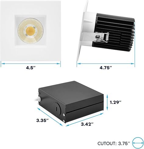 LUXRITE 4 بوصة ضوء غائر، مصباح كشاف LED متراجع بدون غطاء، 5CCT 2700K-5000K، CRI90، 22W، 1700 لومن خرج عالي، 38 درجة، حافة بيضاء مربعة قابلة للتبديل، قابلة للتعتيم، IC & رطب in Kuwait