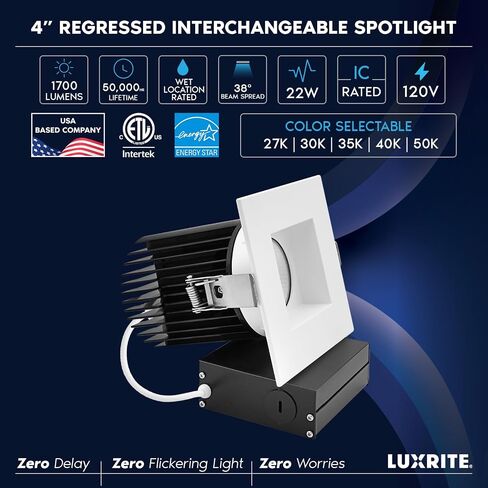LUXRITE 4 بوصة ضوء غائر، مصباح كشاف LED متراجع بدون غطاء، 5CCT 2700K-5000K، CRI90، 22W، 1700 لومن خرج عالي، 38 درجة، حافة بيضاء مربعة قابلة للتبديل، قابلة للتعتيم، IC & رطب in Kuwait