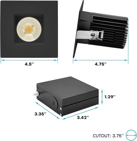 LUXRITE 4 بوصة ضوء غائر، مصباح كشاف LED متراجع بدون غطاء، 5CCT 2700K-5000K، CRI90، 22W، 1700 لومن خرج عالي، 38 درجة، حافة سوداء مربعة قابلة للتبديل، قابلة للتعتيم، IC & رطب in Kuwait