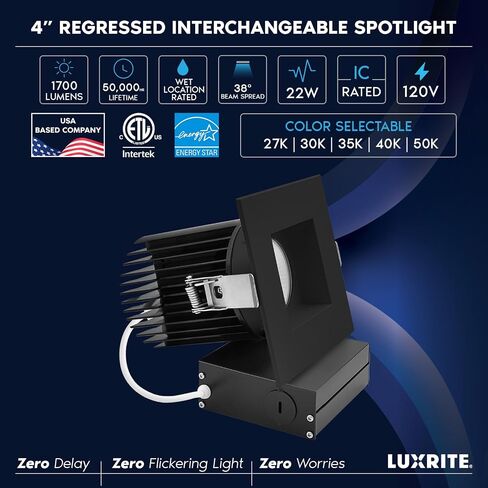 LUXRITE 4 بوصة ضوء غائر، مصباح كشاف LED متراجع بدون غطاء، 5CCT 2700K-5000K، CRI90، 22W، 1700 لومن خرج عالي، 38 درجة، حافة سوداء مربعة قابلة للتبديل، قابلة للتعتيم، IC & رطب in Kuwait