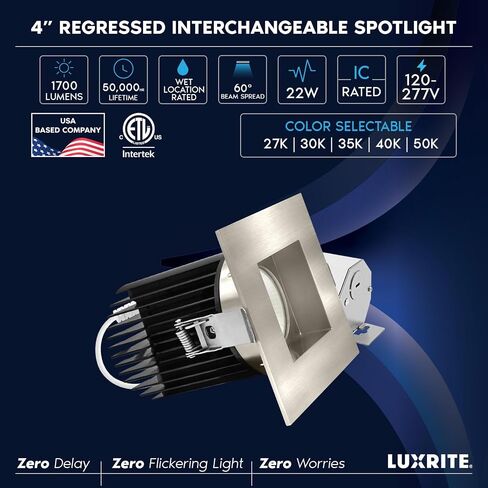 LUXRITE 4 بوصة ضوء غائر، مصباح كشاف LED متراجع بدون غطاء، 5CCT 2700K-5000K، CRI90، 22W، 1700 لومن خرج عالي، فيضان عريض 60 درجة، زخرفة مربعة من النيكل المصقول، ثنائي التعتيم، تصنيف IC & رطب in Kuwait