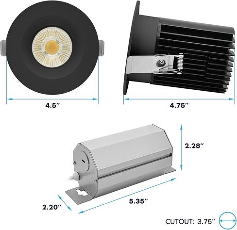 LUXRITE 4 بوصة ضوء غائر، مصباح كشاف LED متراجع بدون غطاء، 5CCT 2700K-5000K، CRI90، 22W، 1700 لومن خرج عالي، فيضان عريض 60 درجة، زخرفة سوداء مستديرة، ثنائي التعتيم، IC & رطب in Kuwait