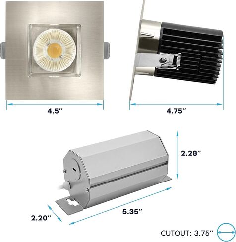 LUXRITE 4 بوصة ضوء غائر، مصباح كشاف LED متراجع بدون غطاء، 5CCT 2700K-5000K، CRI90، 22W، 1700 لومن خرج عالي، فيضان عريض 60 درجة، زخرفة مربعة من النيكل المصقول، ثنائي التعتيم، تصنيف IC & رطب in Kuwait