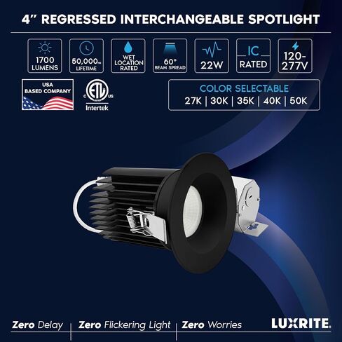 LUXRITE 4 بوصة ضوء غائر، مصباح كشاف LED متراجع بدون غطاء، 5CCT 2700K-5000K، CRI90، 22W، 1700 لومن خرج عالي، فيضان عريض 60 درجة، زخرفة سوداء مستديرة، ثنائي التعتيم، IC & رطب in Kuwait