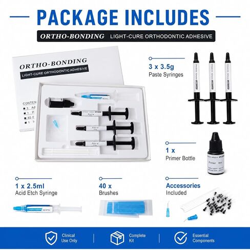Ortho-Bonding Light Cure Orthodontic Adhesive Kit, Bracket Bonding Resin Standard Kit with 3 x 3.5g Paste Syringes, Primer, Acid Etch, Brushes and Accessories, Professional Dental Use in Kuwait