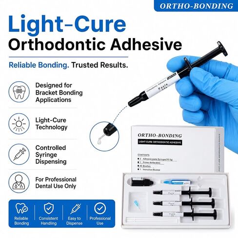Ortho-Bonding Light Cure Orthodontic Adhesive Kit, Bracket Bonding Resin Standard Kit with 3 x 3.5g Paste Syringes, Primer, Acid Etch, Brushes and Accessories, Professional Dental Use in Kuwait