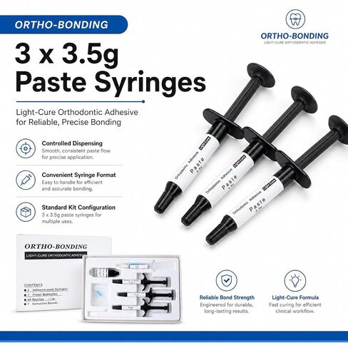 Ortho-Bonding Light Cure Orthodontic Adhesive Kit, Bracket Bonding Resin Standard Kit with 3 x 3.5g Paste Syringes, Primer, Acid Etch, Brushes and Accessories, Professional Dental Use in Kuwait