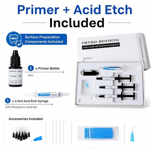 Ortho-Bonding Light Cure Orthodontic Adhesive Kit, Bracket Bonding Resin Standard Kit with 3 x 3.5g Paste Syringes, Primer, Acid Etch, Brushes and Accessories, Professional Dental Use in Kuwait