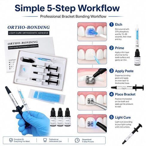 Ortho-Bonding Light Cure Orthodontic Adhesive Kit, Bracket Bonding Resin Standard Kit with 3 x 3.5g Paste Syringes, Primer, Acid Etch, Brushes and Accessories, Professional Dental Use in Kuwait
