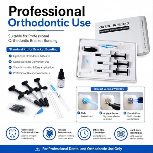 Ortho-Bonding Light Cure Orthodontic Adhesive Kit, Bracket Bonding Resin Standard Kit with 3 x 3.5g Paste Syringes, Primer, Acid Etch, Brushes and Accessories, Professional Dental Use in Kuwait
