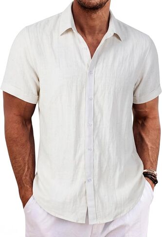 Beninos Men's Short Sleeve Linen Shirt Lightweight Casual Solid Color Summer Button Down Shirt in Saudi Arabia