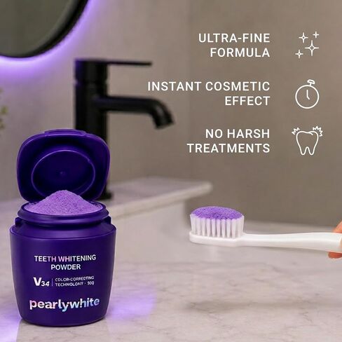 Pearly White V34 Purple Teeth Whitening Powder, 30g | Colour Correcting Teeth Whitening Powder, Enamel-Safe Tooth Whitening Powder, For Daily Oral Care Routine, Freshens Breath in Kuwait