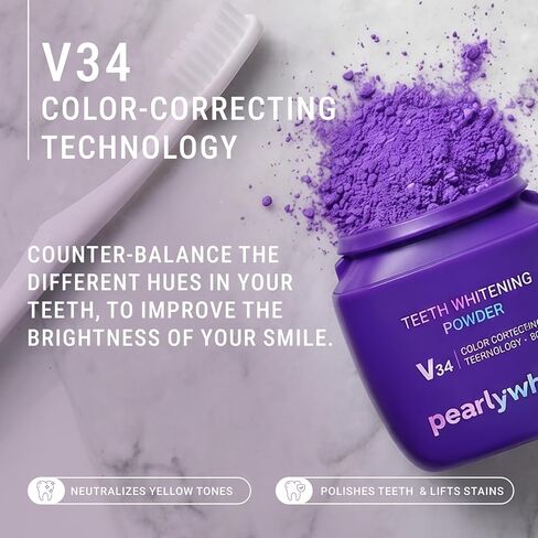 Pearly White V34 Purple Teeth Whitening Powder, 30g | Colour Correcting Teeth Whitening Powder, Enamel-Safe Tooth Whitening Powder, For Daily Oral Care Routine, Freshens Breath in Kuwait