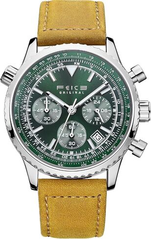 Feice Men's Men's Chronograph Quartz Watch-الاتصال الهاتفي الأخضر الفاخر ، أيدي مضيئة ، عرض على مدار 24 ساعة ، تقويم التاريخ ، ساعات حزام جلدية للرجال in Kuwait
