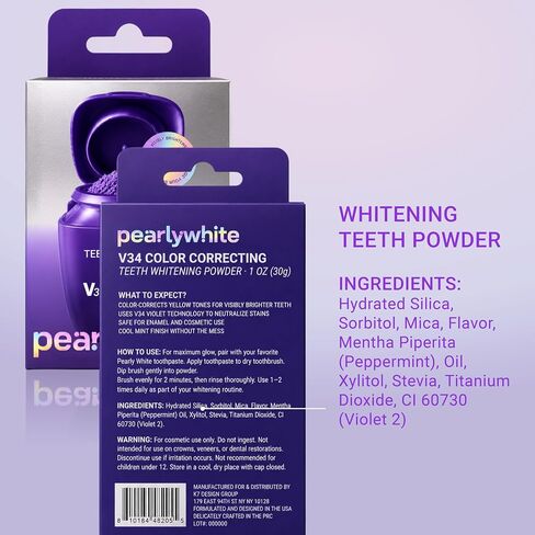 Pearly White V34 Purple Teeth Whitening Powder, 30g | Colour Correcting Teeth Whitening Powder, Enamel-Safe Tooth Whitening Powder, For Daily Oral Care Routine, Freshens Breath in Kuwait