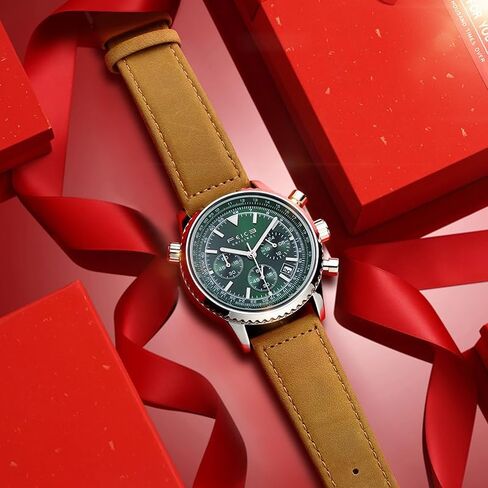 Feice Men's Men's Chronograph Quartz Watch-الاتصال الهاتفي الأخضر الفاخر ، أيدي مضيئة ، عرض على مدار 24 ساعة ، تقويم التاريخ ، ساعات حزام جلدية للرجال in Kuwait