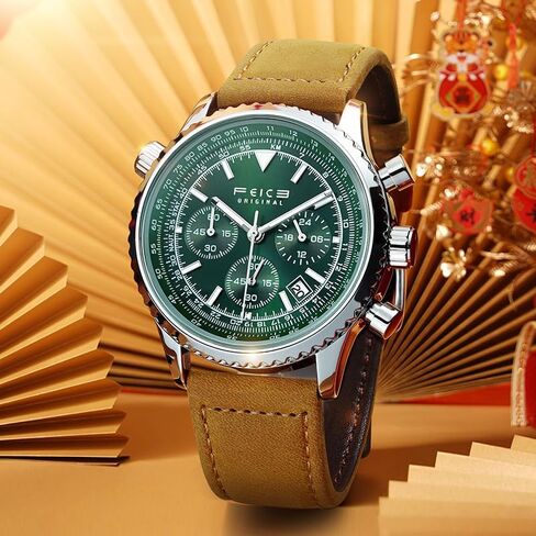Feice Men's Men's Chronograph Quartz Watch-الاتصال الهاتفي الأخضر الفاخر ، أيدي مضيئة ، عرض على مدار 24 ساعة ، تقويم التاريخ ، ساعات حزام جلدية للرجال in Kuwait