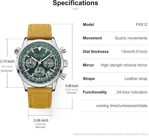 Feice Men's Men's Chronograph Quartz Watch-الاتصال الهاتفي الأخضر الفاخر ، أيدي مضيئة ، عرض على مدار 24 ساعة ، تقويم التاريخ ، ساعات حزام جلدية للرجال in Kuwait