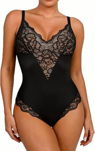 Women's Lace Shapewear Bodysuit Sculpting V-Neck Tummy Control Thong Shapewear Bodysuit Tank Tops Body Shaper SW03 Black in Saudi Arabia