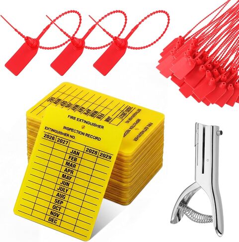 Fuyoooo 25 Set Fire Extinguisher Tag Monthly Inspection Yellow Plastic 2026-2029 Durable Record Tag with Hole Puncher and Zip Tie for Indoor Outdoor Use, Safety Compliance Label for Fire Inspection in Kuwait