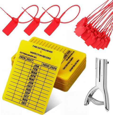 Fuyoooo 25 Set Fire Extinguisher Tag Monthly Inspection Yellow Plastic 2026-2029 Durable Record Tag with Hole Puncher and Zip Tie for Indoor Outdoor Use, Safety Compliance Label for Fire Inspection in Kuwait