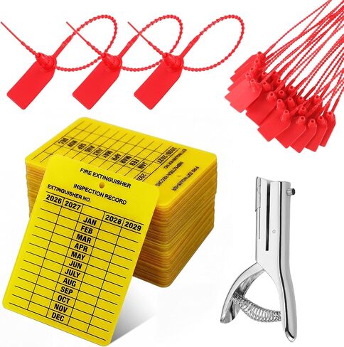 Fuyoooo 25 Set Fire Extinguisher Tag Monthly Inspection Yellow Plastic 2026-2029 Durable Record Tag with Hole Puncher and Zip Tie for Indoor Outdoor Use, Safety Compliance Label for Fire Inspection in Kuwait