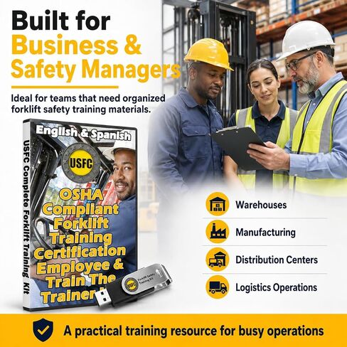 مجموعة أدوات التدريب على سلامة مشغلي الرافعة الشوكية - OSHA 1910.178، الإنجليزية والإسبانية | مجموعة أدوات USB تحتوي على شرائح واختبارات ودليل مدرب لتدريب فريقك على قواعد إدارة السلامة والصحة المهنية in Kuwait