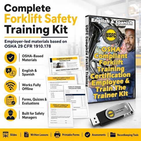 مجموعة أدوات التدريب على سلامة مشغلي الرافعة الشوكية - OSHA 1910.178، الإنجليزية والإسبانية | مجموعة أدوات USB تحتوي على شرائح واختبارات ودليل مدرب لتدريب فريقك على قواعد إدارة السلامة والصحة المهنية in Kuwait