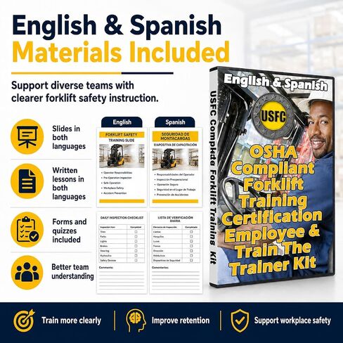 مجموعة أدوات التدريب على سلامة مشغلي الرافعة الشوكية - OSHA 1910.178، الإنجليزية والإسبانية | مجموعة أدوات USB تحتوي على شرائح واختبارات ودليل مدرب لتدريب فريقك على قواعد إدارة السلامة والصحة المهنية in Kuwait