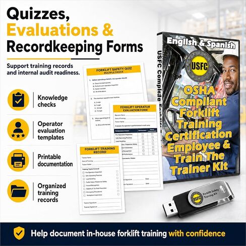مجموعة أدوات التدريب على سلامة مشغلي الرافعة الشوكية - OSHA 1910.178، الإنجليزية والإسبانية | مجموعة أدوات USB تحتوي على شرائح واختبارات ودليل مدرب لتدريب فريقك على قواعد إدارة السلامة والصحة المهنية in Kuwait